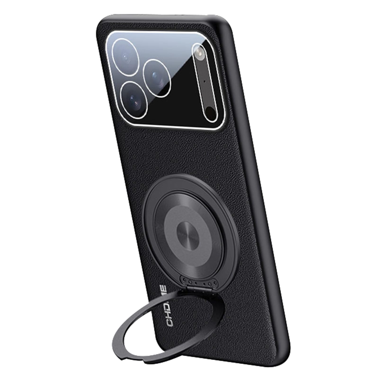 Coque iPhone 17 Pro antichute mince cuir noir avec anneau de rotation et pliage