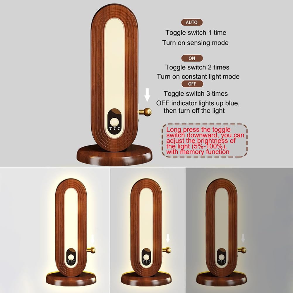 Lampada da tavolo – Luce notturna a batteria in legno con sensore di movimento e interruttore dimmer, lampada da parete magnetica ricaricabile USB, bianco caldo 4000K, illuminazione interna senza fili