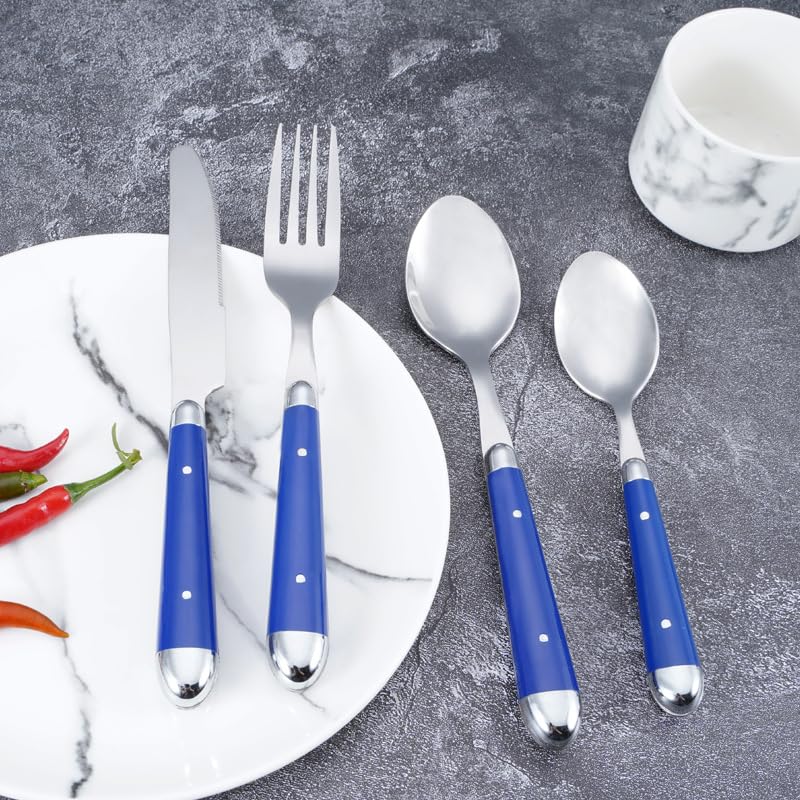 16-teiliges Edelstahl-besteckset, Farbenfrohe Griffe Mit Blauen Nieten, Service Für 4 Personen, Bestehend Aus Gabel, Löffel Und Messer, Spülmaschinenfest