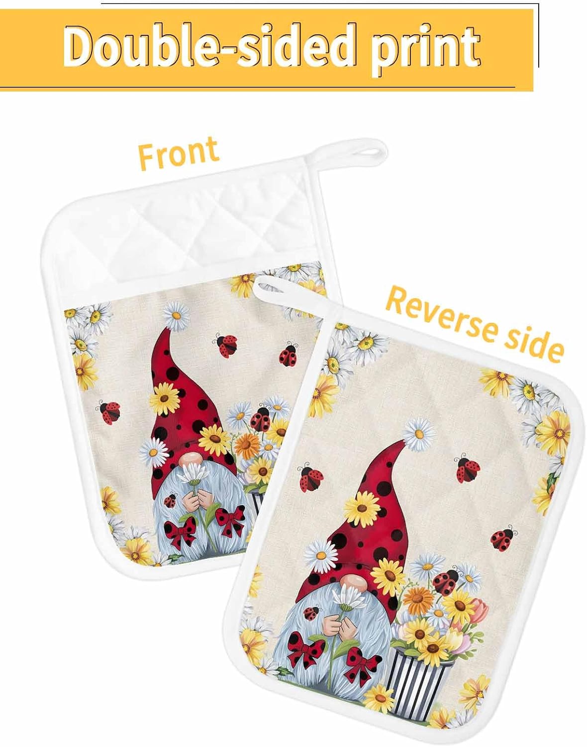 Pot Holders with Pockets, Heat-Resistant Hot Pads for Kitchen, Idyllic Summer Gnome Flowers and Ladybugs Burlap Texture Oven Mitts Pot Holders Sets Potholders for Baking Cooking Pack of 5