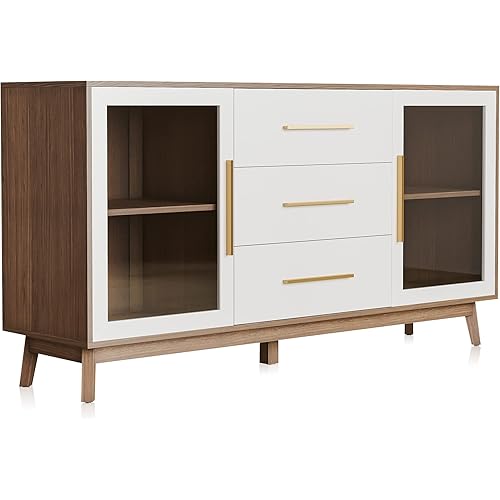 BELLEZE 014-HG-40013-WH Sideboard Buffet 3 Drawers & 2 Doors, Console Table for Kitchen Glass Storage Coffee Bar Accent Cabinet for Living Dining Room Hallway, White