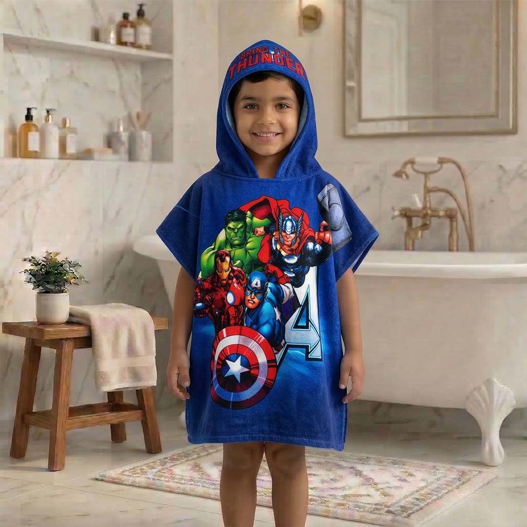 Athom Living Hooded Poncho Towel for Kids | Quick Dry, Highly Absorbent Pure Cotton Bath Towel | Soft Lightweight Baby Wrap for Beach | 60x120cm, 350 GSM (Marvel Avengers-Blue)-image-3