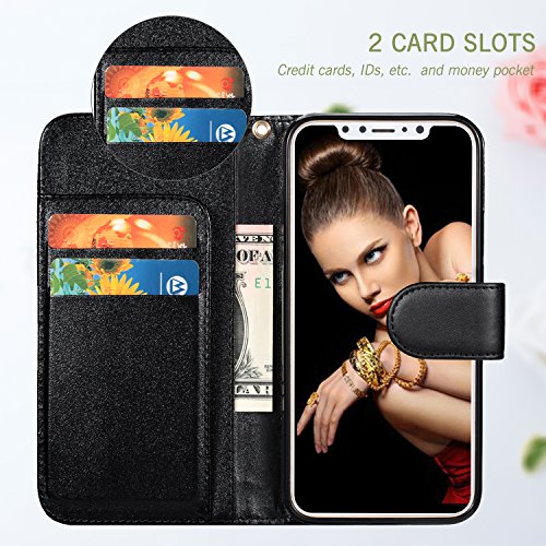 Flyee Compatible With Iphone Xr (6.1 Inch,2018 Release),Wallet Case For Women And Girls With Card Holder,Premium Leather,Flip Case Kickstand Protective Cover With Wrist Strap-Embossed Flowers Black #TOP2