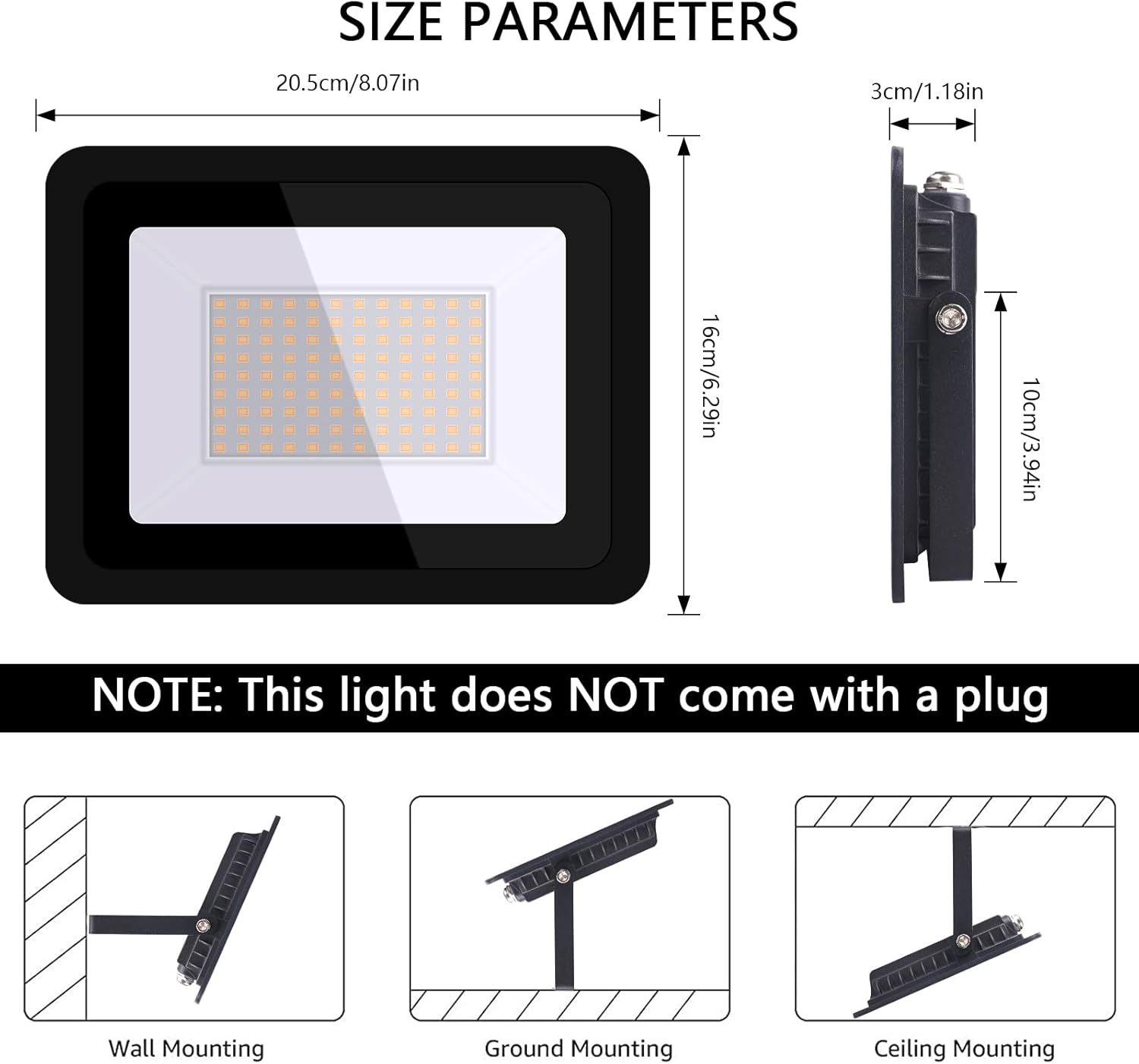 MIHEAL 110V 2 Pack 100W LED Flood Light, Warm White 3000K, IP68Waterproof Super Bright Security Lights, Outdoor Floodlight for Yard, Garden, Playground, Basketball Court