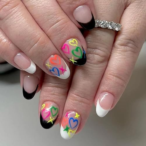 Miniatura 9 de Uñas postizas francesas rojas a presión cortas almendra  Uñas postizas de San Valentín, uñas postizas rosas a presión con labios rojos, diseños de