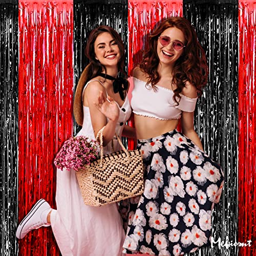 Image of 4 Pack 3.2Ft x 9.8Ft Black Red Fringe Curtain Backdrop, Metallic Tinsel Foil Fringe Streamers Curtains Background for Photo Booth Wedding Casino Viva Las Vegas Game Night Birthday Party Decorations