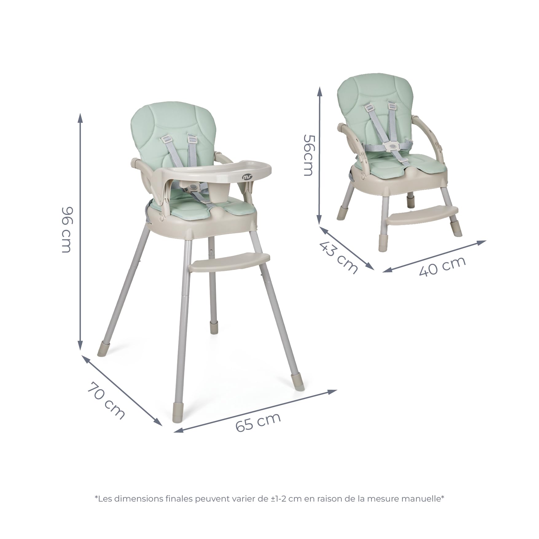 MS BabyWorld - Chaise haute BELLY pour bébé | Convertible en rehausseur et en chaise | 3 en 1 | Chaise haute pliable avec siège rembourré et repose-pieds (Belly Vert)