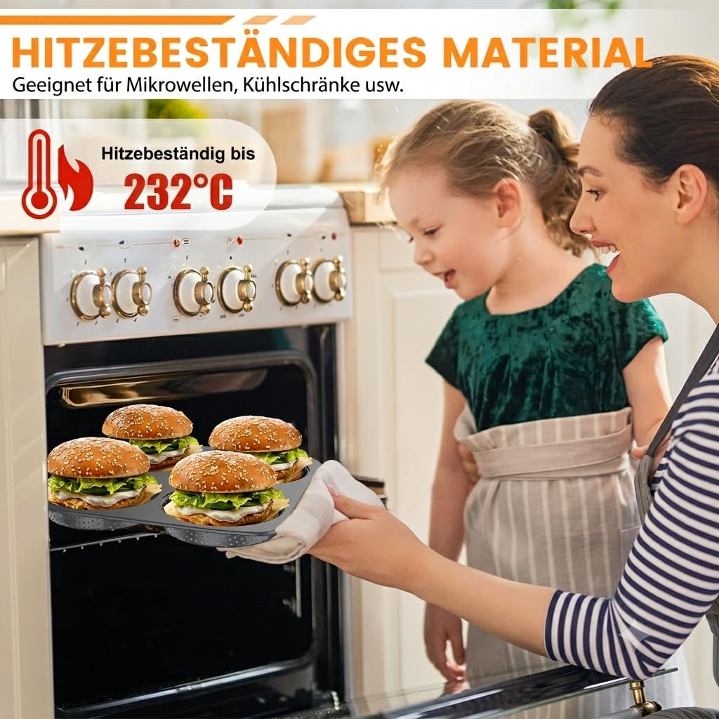 Burger Buns - Stampo da forno perforato per hamburger Buns in acciaio al carbonio, 4 teglie resistenti al calore fino a 450 °C, risultati di cottura perfetti grazie al rivestimento