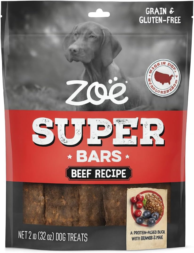 Zoe Super Bars Beef Recipe Dog Treats - Protein Packed Snacks with Berries and Flax Grain Gluten Free 32 oz Bag Big of Made The Finest Ingredients, 2 Pound (Pack 1)