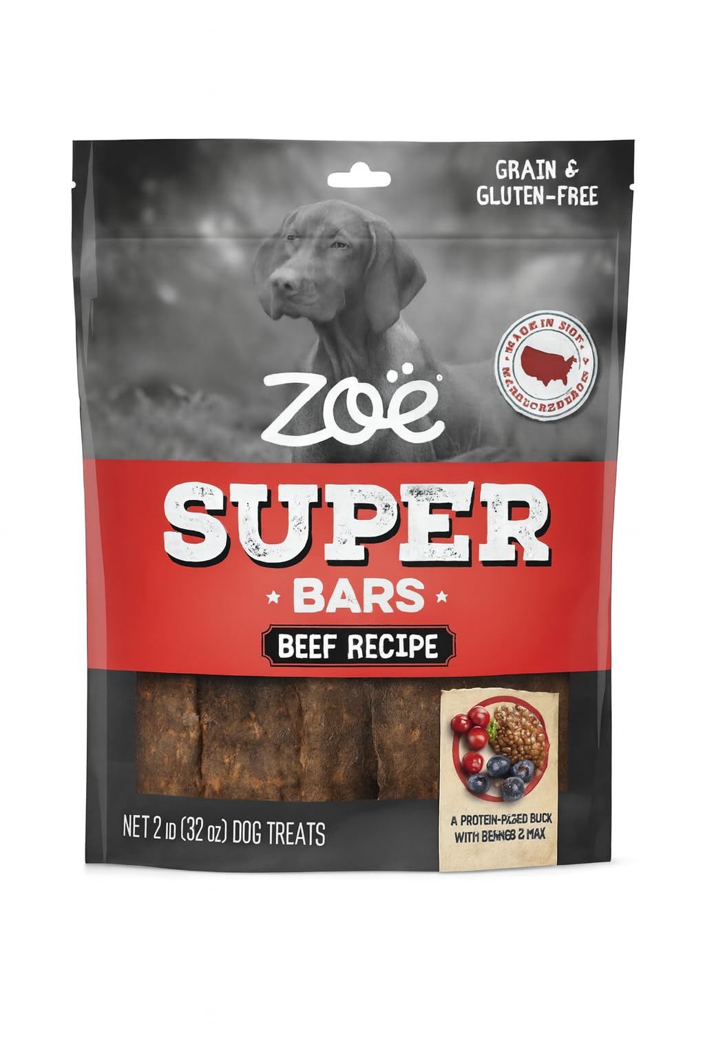 Zoe Super Bars Beef Recipe Dog Treats - Protein Packed Snacks with Berries and Flax Grain Gluten Free 32 oz Bag Big of Made The Finest Ingredients, 2 Pound (Pack 1)