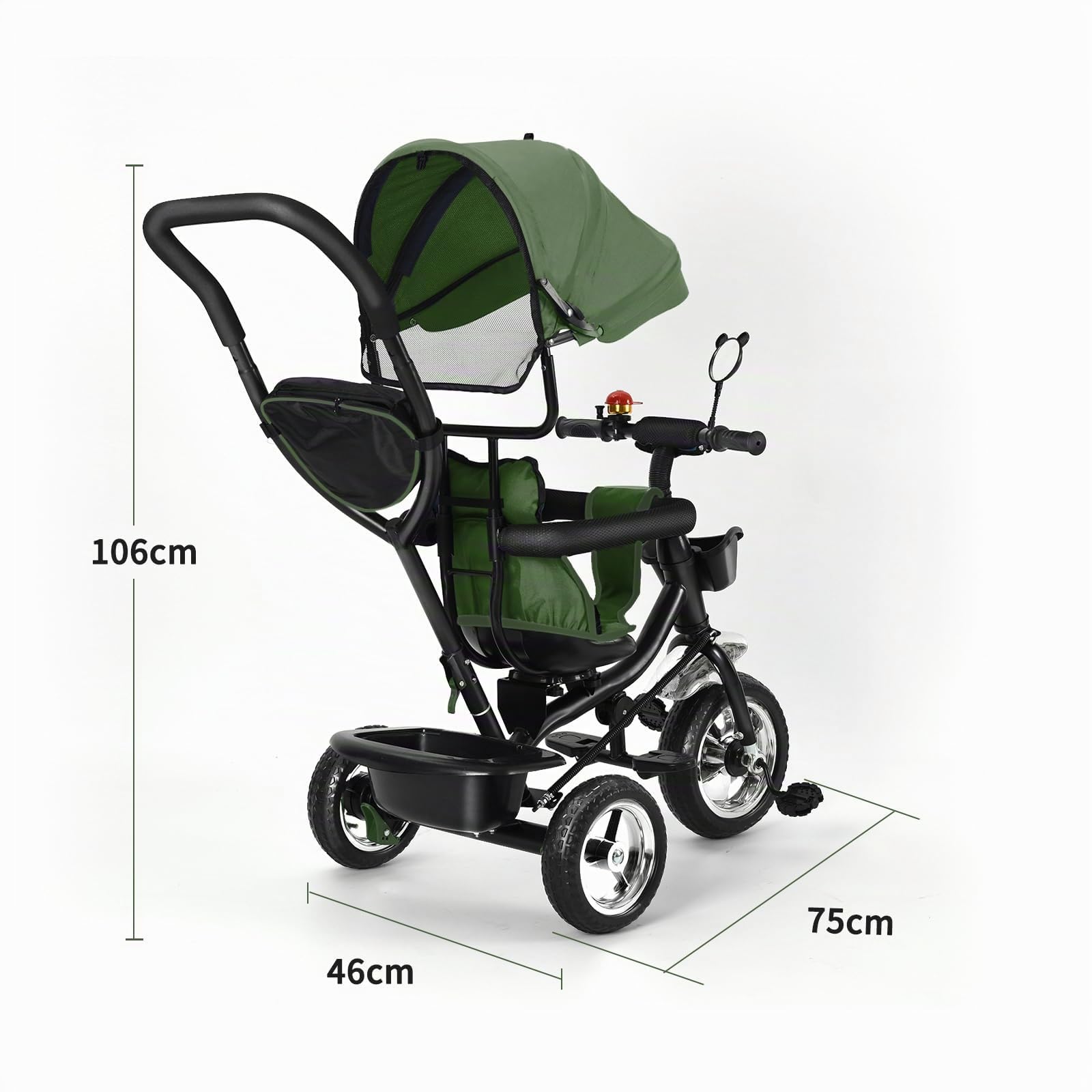 OHMG Triciclo bebé evolutivo 5 en 1 bicicleta. Silla de paseo con mango de empuje, toldo desmontable, cinturón de seguridad de 5 puntos, almacenamiento, reposapiés, freno, para niños de 1 a 5 años