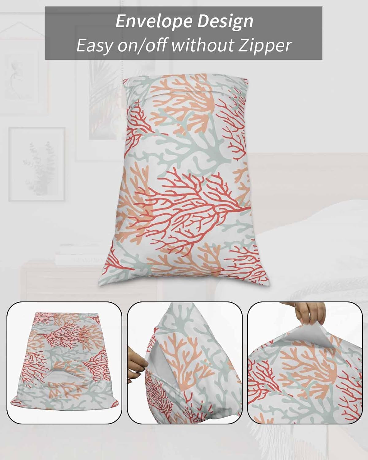 Orange Coral Coastal Standard Pillow Cases Set of 2, Soft Breathable Pillow Covers with Envelope Closure Decorative Pillow Shams for Bed Sofa Couch Chair 2PCS 20"x26" Grey Summer Ocean Life