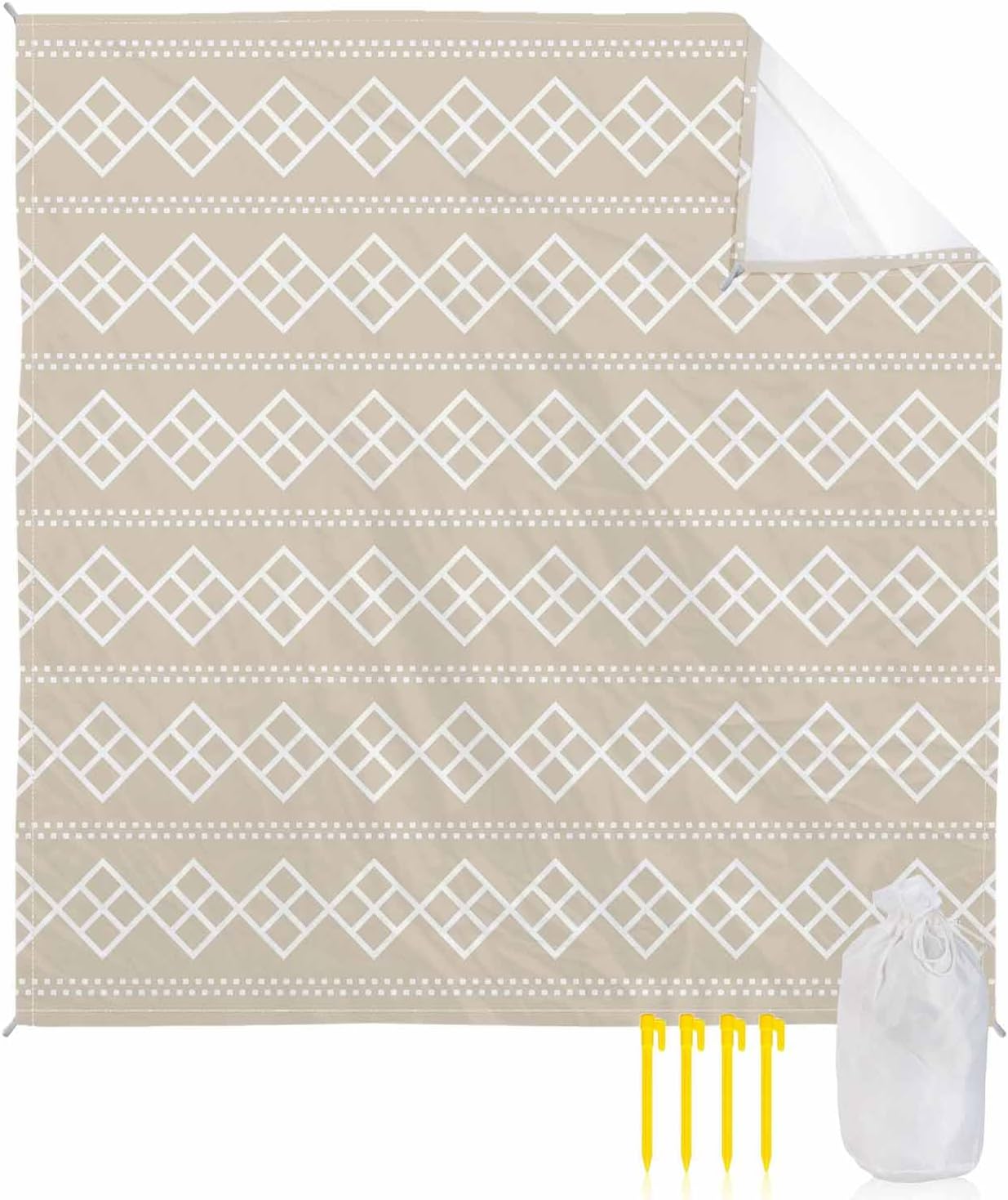 Beach Blanket Waterproof Sandproof Oversized,Modern Dotted Line Square on Beige Beach Mat with Corner Stakes Sand Pockets,Abstract Geometric Texture Outdoor Picnic Mat for Travel Camping,118x108In