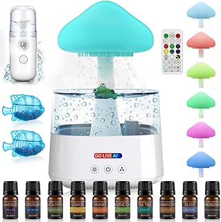 Mushroom Humidifier, Rain Cloud Humidifier Water Drip, Mushroom Night Light, Humidifier Cleaner 2 Pack,10 Essential Oil for Diffusers, 450ML, 24H Runtime, Humidifiers for Bedroom, Yoga, Baby, Plants