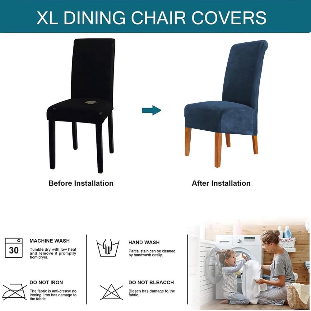 Velvet XL Dining Chair Covers, Stretch Large Chair Slipcovers for Dining Room, Soft Parson Chair Seat Covers Chair Protectors for Wedding Ceremony Banquet (Color : Navy Blue, Size : 6PCS)