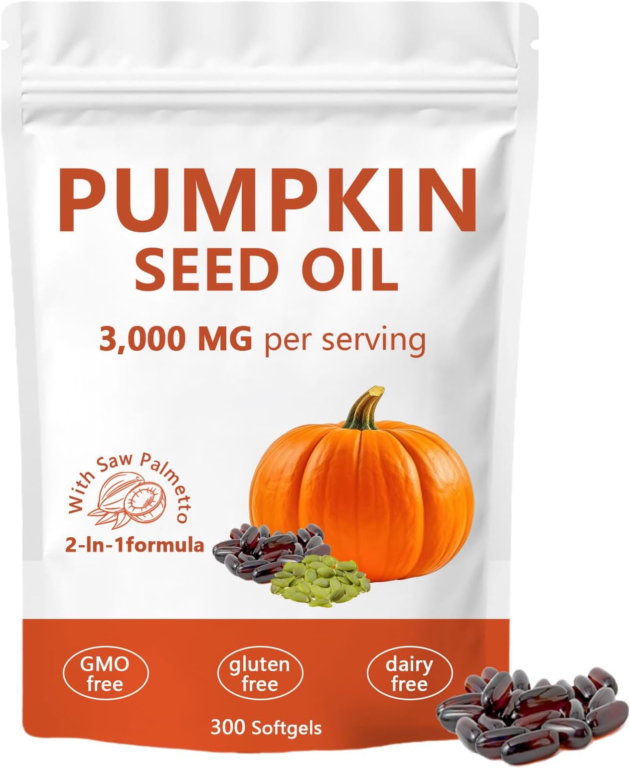 Ovela Pumpkin Seed Oil Capsules, Pumpkin Seed Oil 2 in 1 with Saw Palmetto, 3000mg Pure & Natural Supplement, Hair Growth, Skin Care - Non-GMO, Gluten - Free 300 Softgels
