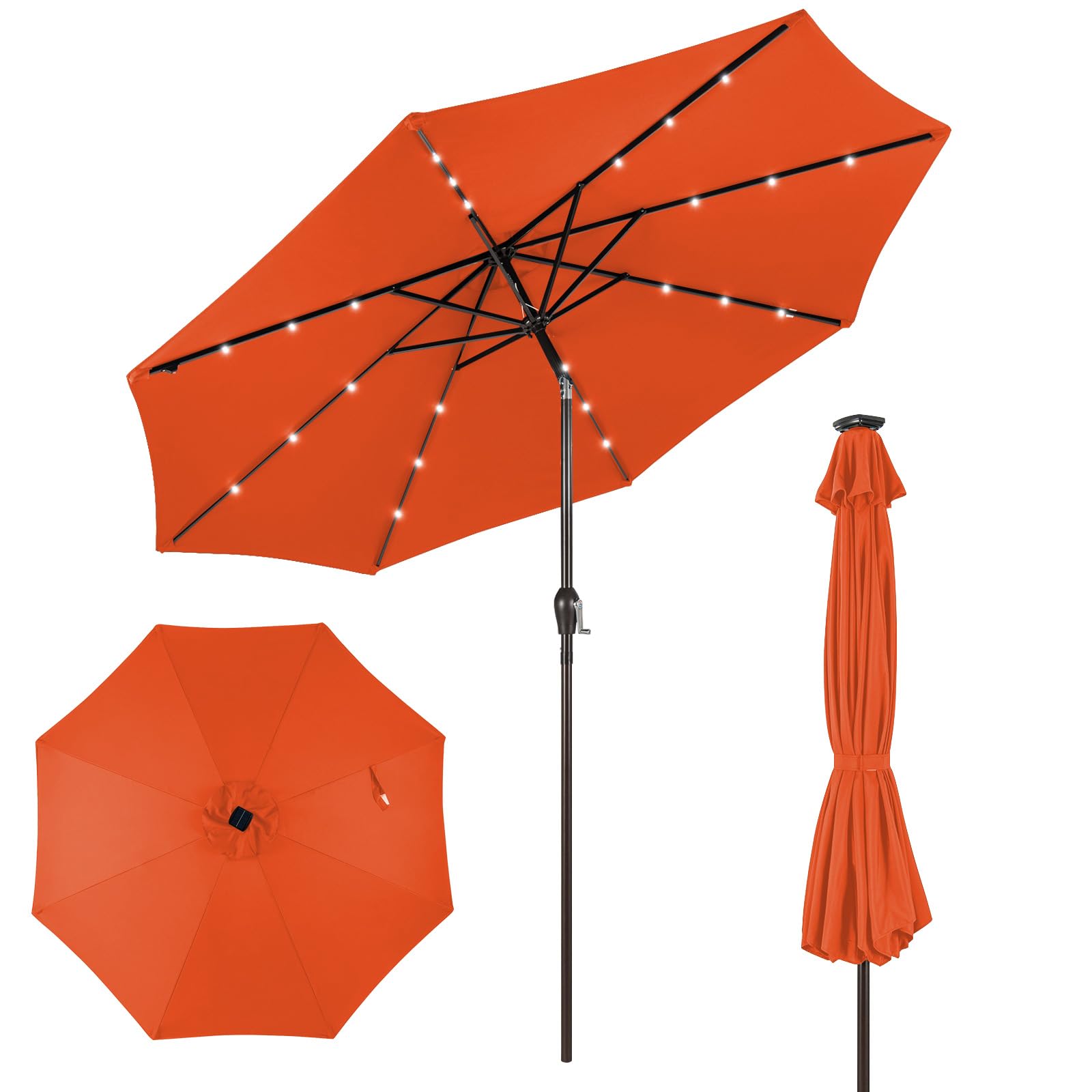 Giantex 9ft/10ft Outdoor Patio umbrella with Solar Lights, Table Market Umbrella with Crank and Push-button Tilt System, Solar LED Lighted Patio