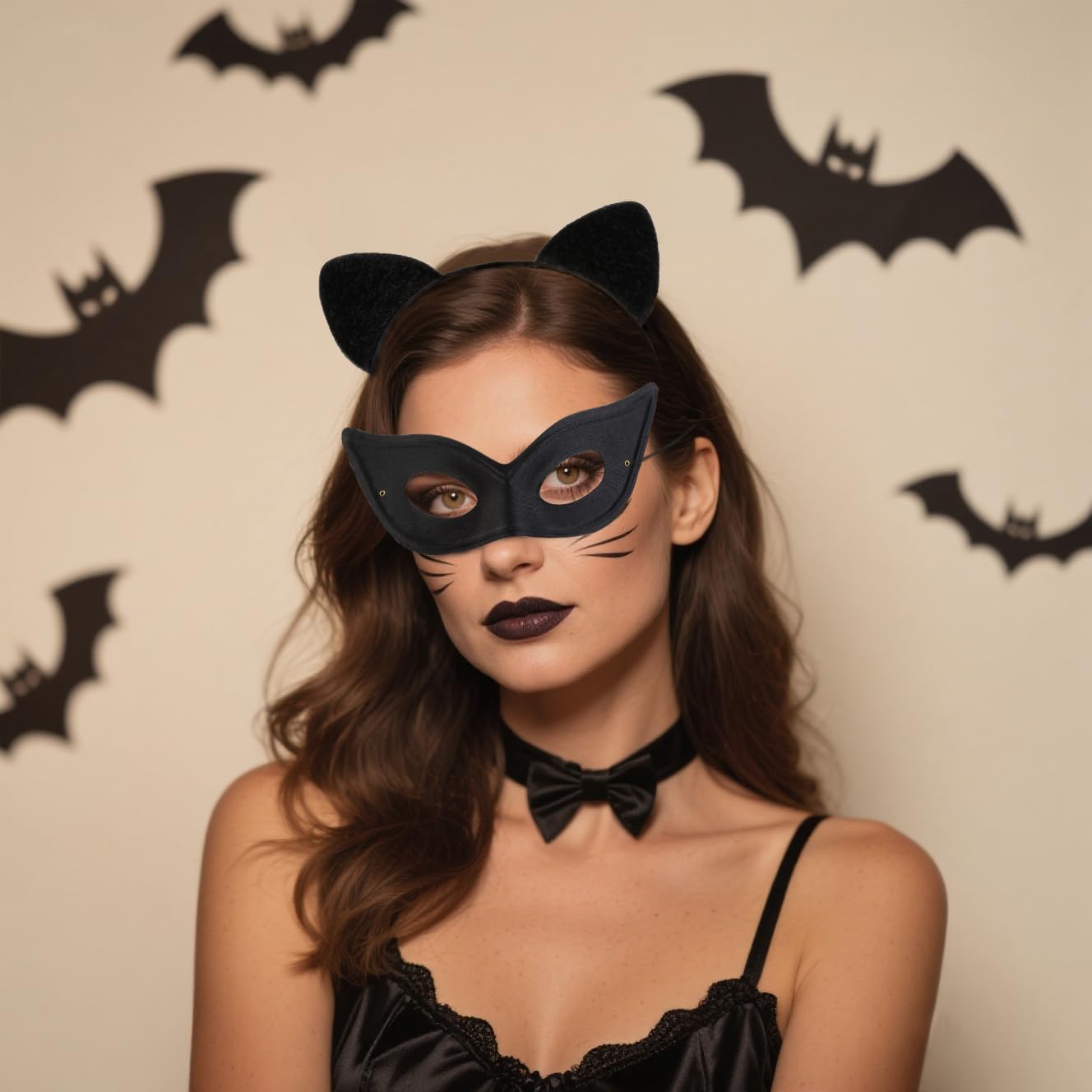 WOVOWOVO Halloween Cat Ears Headband for Women Furry Black Cat Ear Hairband with Cat Mask Cute Cat Ears Headbands for Adults Cosplay Costume Party Hair Accessories - Image 5