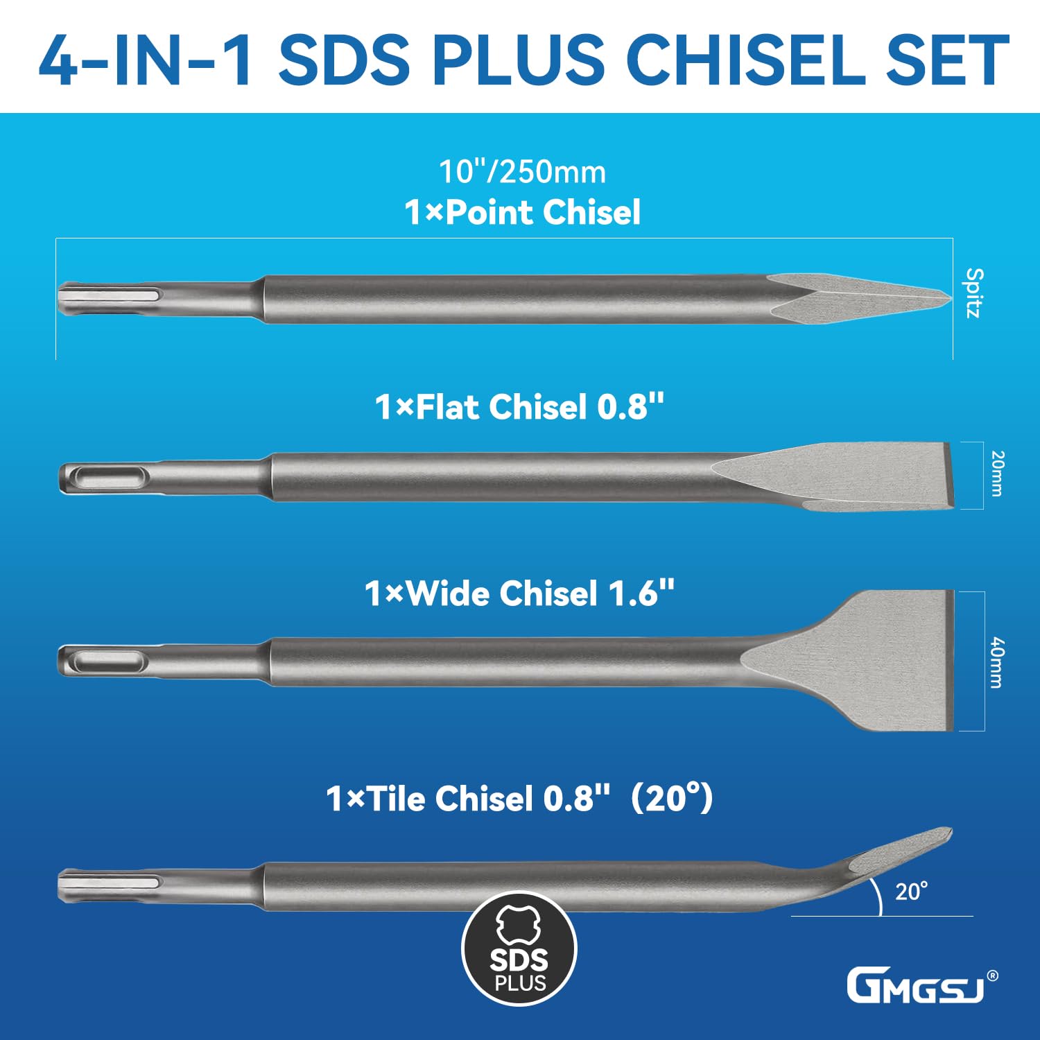 GMGSJ SDS Plus Chisel Set for SDS+ Rotary Hammers - Scaling Chisel,Point Chisel, Flat Chisel,Tile Chisel - with Storage Box, Ideal for Masonry, Concrete, Brick, Stone (4pcs)