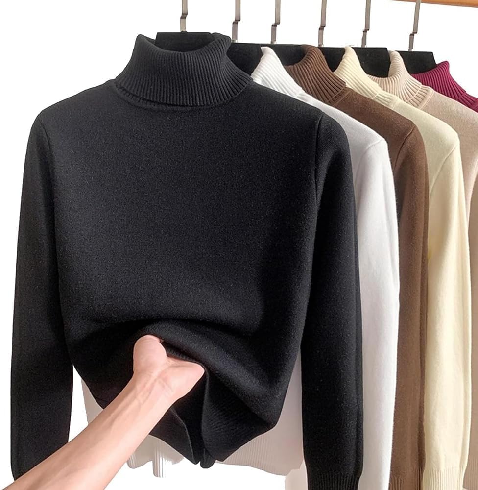 JOCCOS Winter Fleece Thick Knitted Bottoming Shirt, Women Casual Thick Turtleneck Sweater Soft Thermal Slim Bottoming Sweater (Black,L(53-58kg))