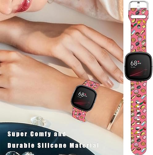 Floral Pattern Printed Cartoon Watch Bands Compatible with Fitbit Versa 4/ Versa 3/ Fitbit Sense 2/Sense Band Soft Silicone Sport Cute Strap Replacement Wristband for Men Women Teens.(Delicious Food)
