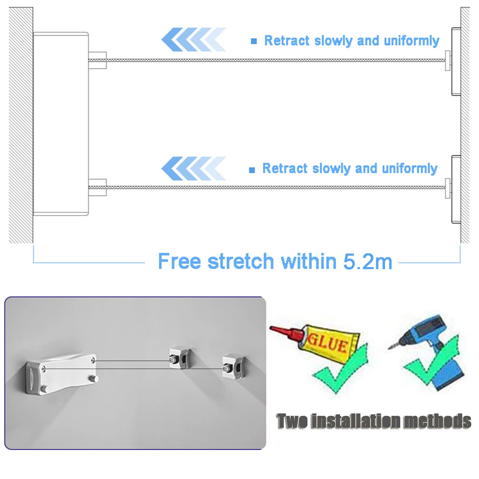 Fili Stendibiancheria Doppio Resistente,Corda da Bucato Retrattile,Asciugatura Biancheria Domestica,Corda Regolabile Acciaio Inossidabile 5,2 m,per Bagno Interno Esterno,Silver
