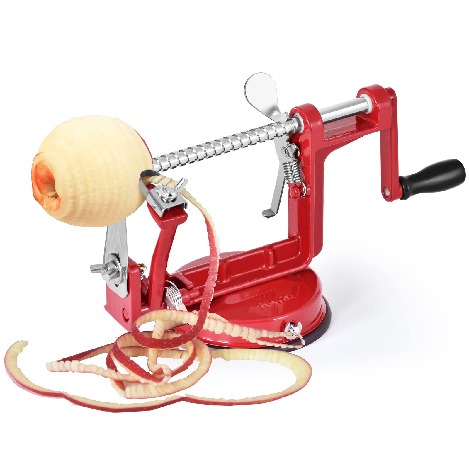Apple Peeler Corer, Long lasting Chrome Cast Magnesium Alloy Apple Peeler Slicer Corer with Stainless Steel Blades and Powerful Suction Base for Apples and Potato(Deep Red)