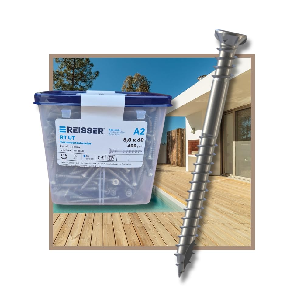 REISSER 400 vis terrasse INOX A2 - TX20, D.5 x 60 mm tête fraisée double filet - Embout inclus