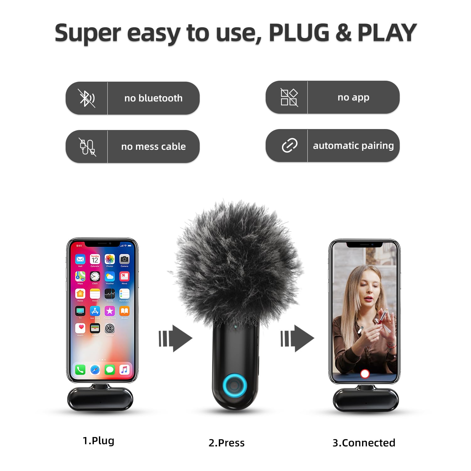 Lavalier Mikrofon Handy for iPhone/ipad/Android/USB c/PC, Smartphone Mikrofon Kabellos for Recording, Live Streaming, Noise Cancellation, No APP Needed (Schwarz-2 MIC)