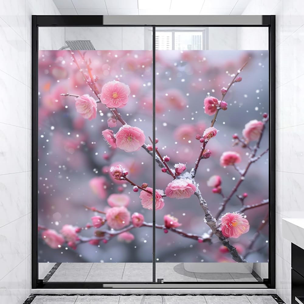 Beautiful Plum Blossom Frosted Window Film, Natural Winter Modern Pink Flower Tree Stained Glass Privacy Film Windows, Heat Insulation Self-Adhesive Vinyl Bathroom Office, 35.4Wx63L inch x2 Pcs