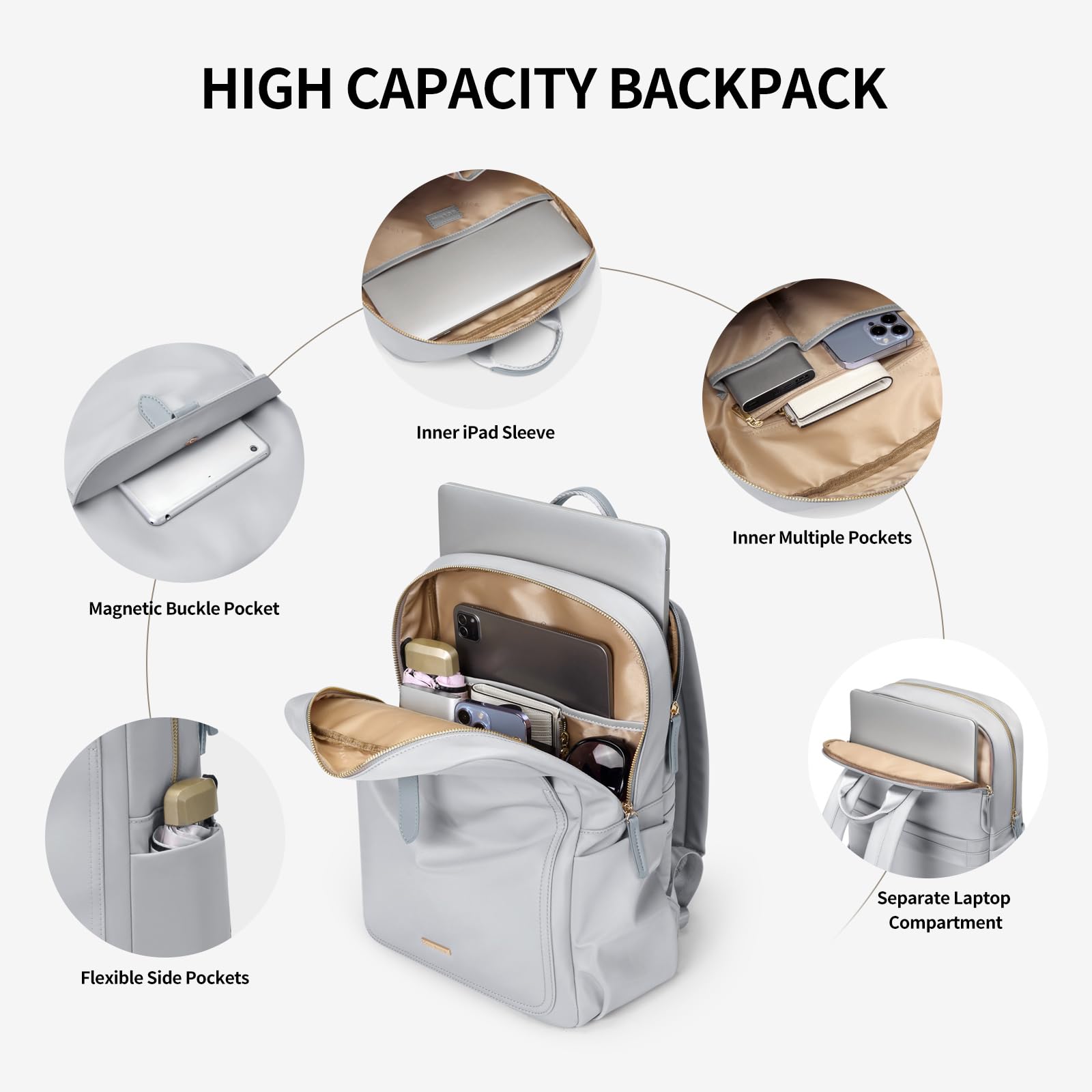 GOLF SUPAGS Laptop Backpack Purse for Women Fits 14 Inch Notebook Casual Daypack Work Travel College Bookbag Fashion Computer Bag (Pale Grey, 14 Inch)