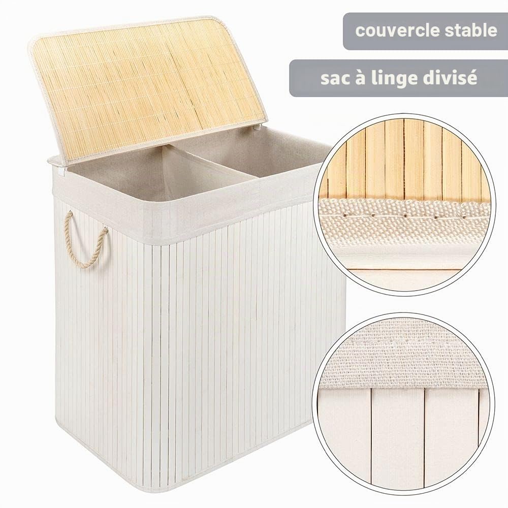 PANA®ECO Panier à linge en bambou avec couvercle (104 L) • Bac à linge avec sac amovible • Corbeille à linge pliable • Coffre à linge salle de bain • 100% bambou • Couleur : Blanc (52x32x63 cm)