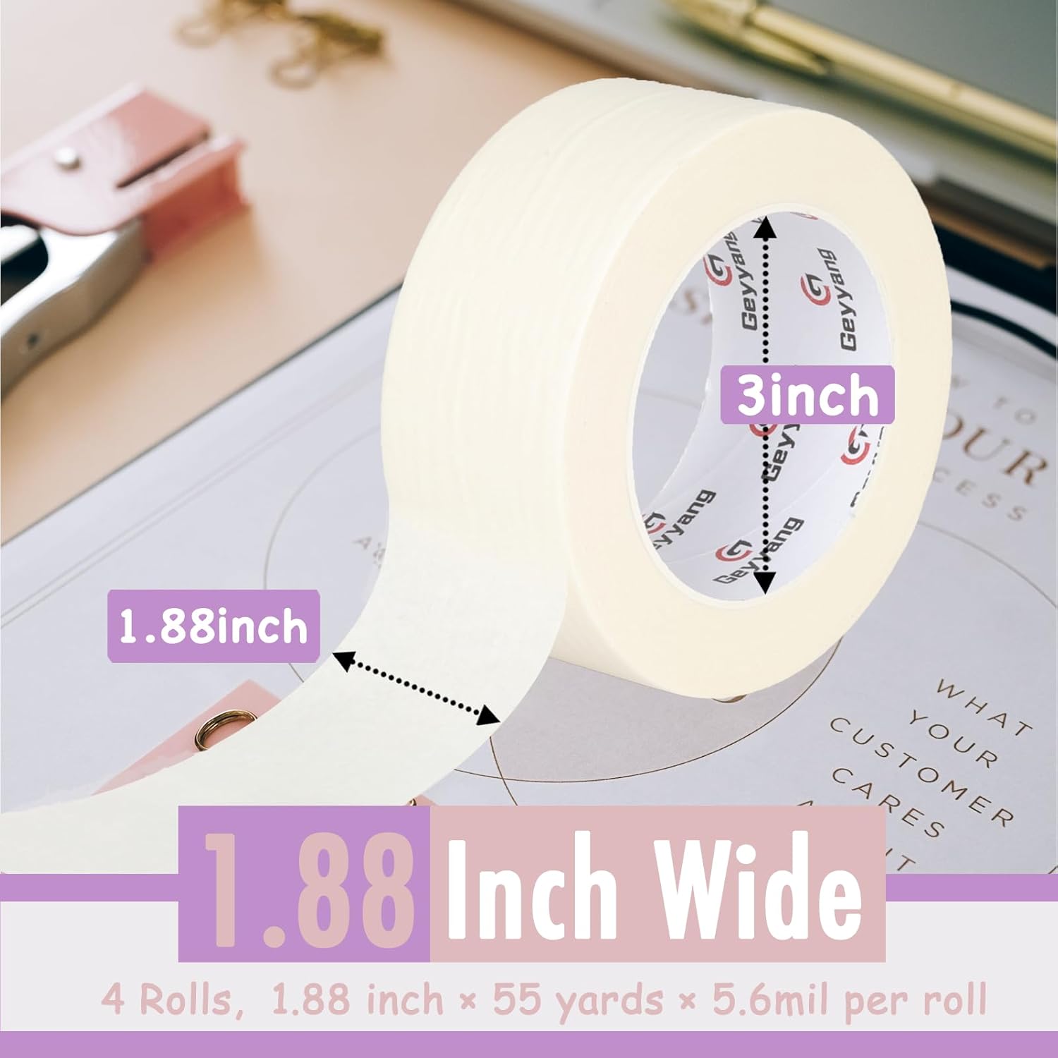 GEYYANG 4 Pack General Purpose Masking Tape,Beige White Masking Tape for Painting,Arts,Crafts,Label,Home,Office,1.88 inch x 55 Yards,220 Total Yards