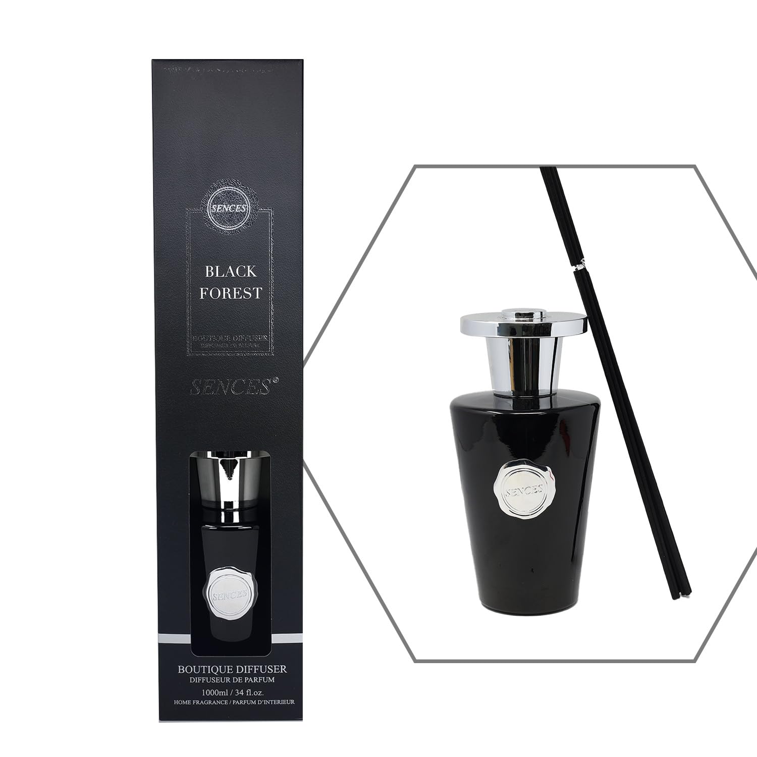 Sences 1000ml Reed Diffuser Black Forest with 55cm Reeds, Perfume Bottle Design, Long-Lasting Scent, Gift Boxed