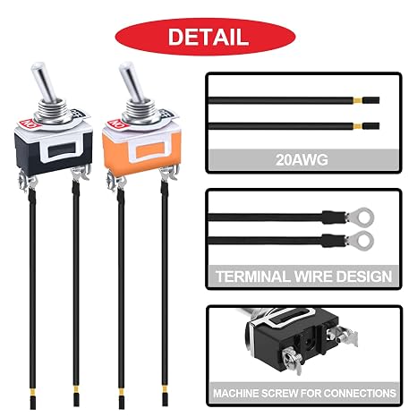 10Pcs Toggle Switch 20A 12V DC Heavy Duty Waterproof Toggle Switch 15A 250V AC 20A 125V AC SPST 2 Pin ON/Off for Auto Car Boat RV with Waterproof Boot Cap & Terminal Wires 2Color(Red/Orange)