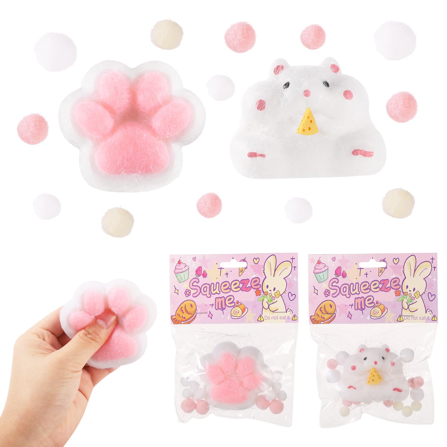 2pcs Cat Paw Squishy Toy & Hamster Squishy Toy, Cute Stress Mochi Squeeze Toys Kawaii Animal Fidget Pinch Soft Novelty Gifts Party Bags Fillers for Boys Girls Birthday Holiday, with Packaging