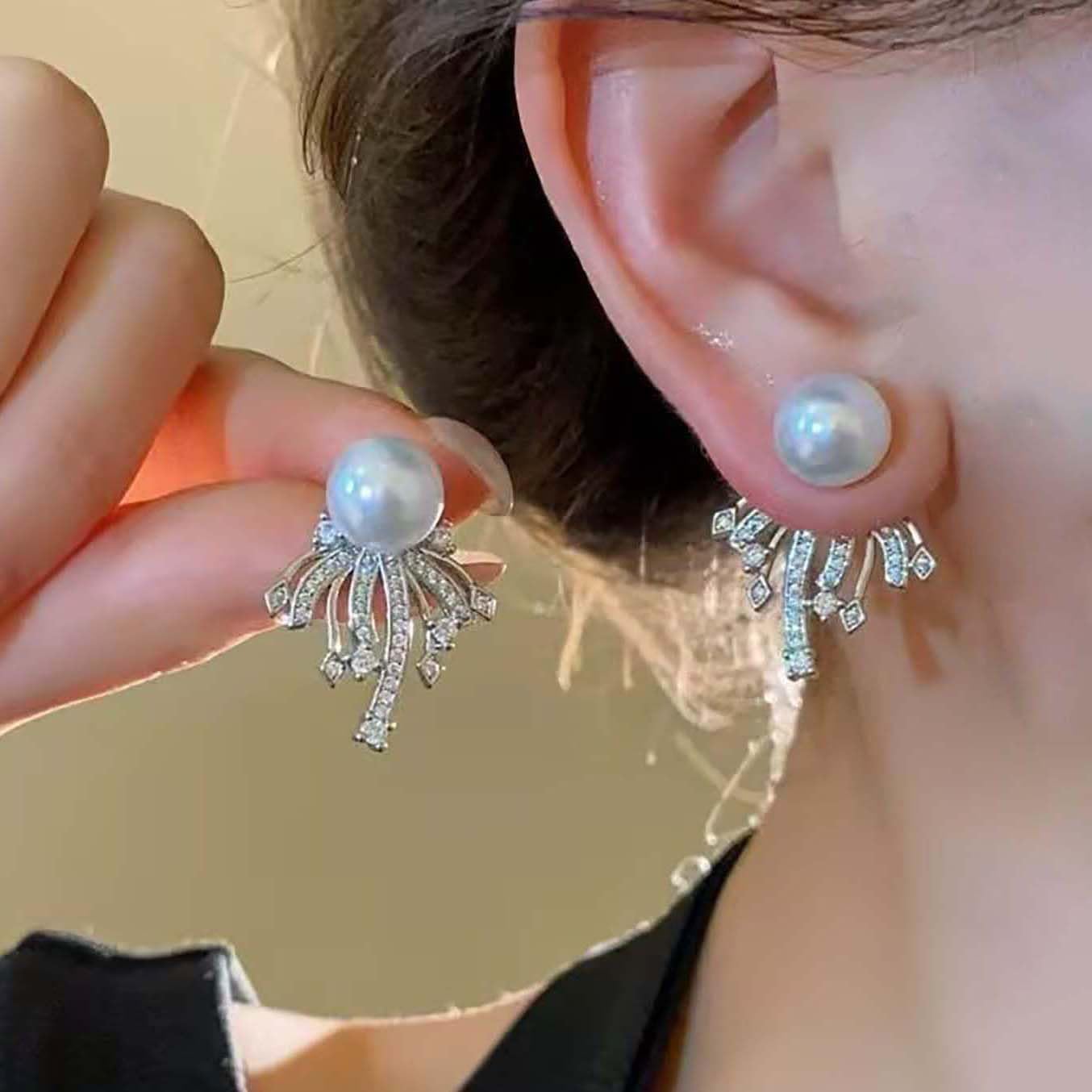 Vintage Crystal Pearl Ear Jacket Earrings Silver CZ Pearl Stud Earrings Wedding Cubic Zirconia Front Back Earring Sparkly Rhinestone Fireworks Earring Jewelry for Women - Image 3