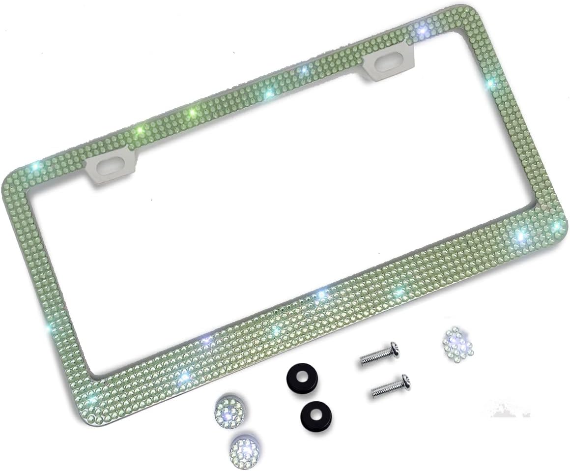 Shering Bling Glitter License Plate Frame, Elegant Giftbox with Handcrafted Crystal Premium Stainless Steel Bling License Plate Frame for Women,Party,Birthday Gift (Light Green, 1PACK)