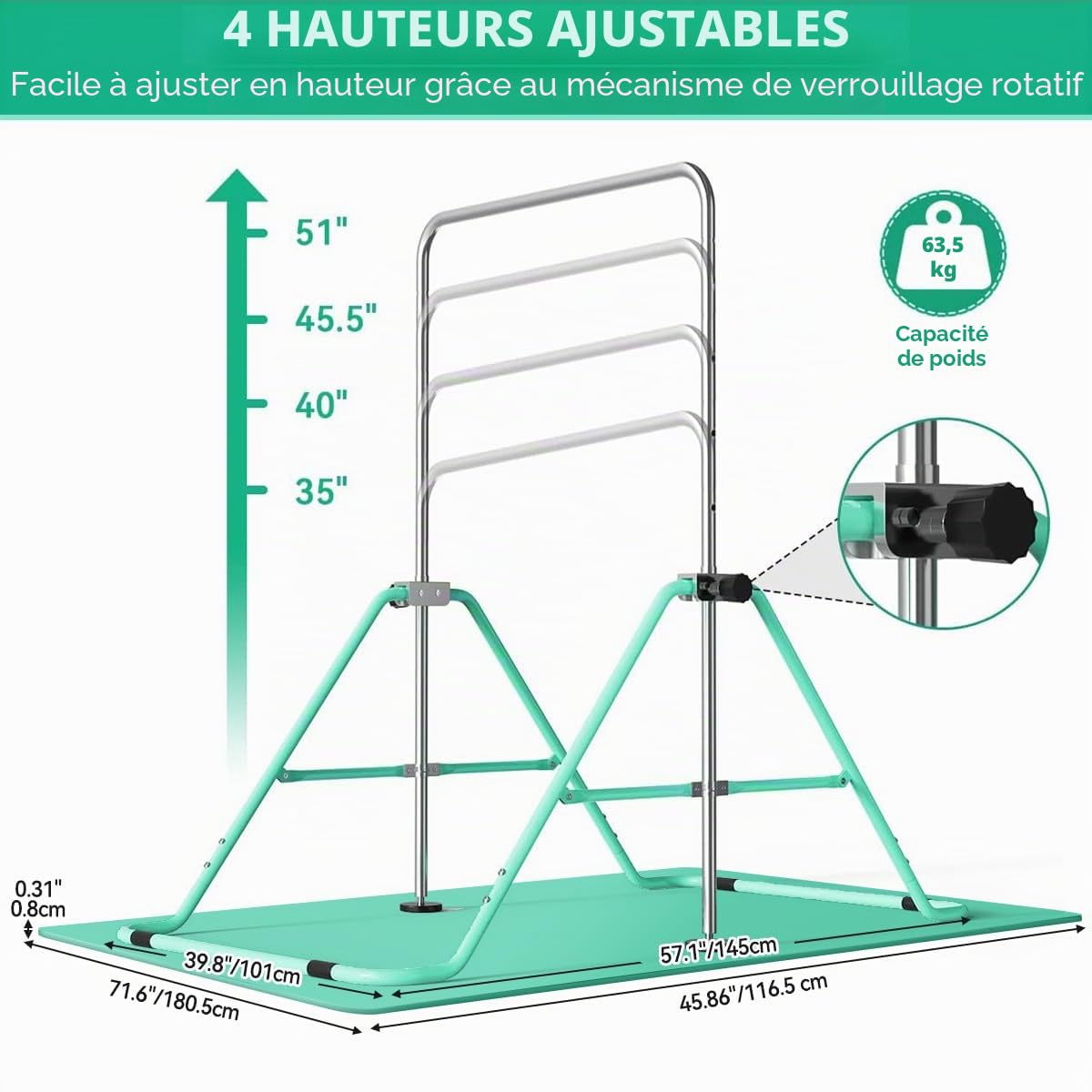 FBSPORT Barre de Gymnastique Enfant Pliable avec Hauteur Réglable Et Anneaux, Barre de Gym Intérieur Exterieur pour Junior Enfants à Domicile