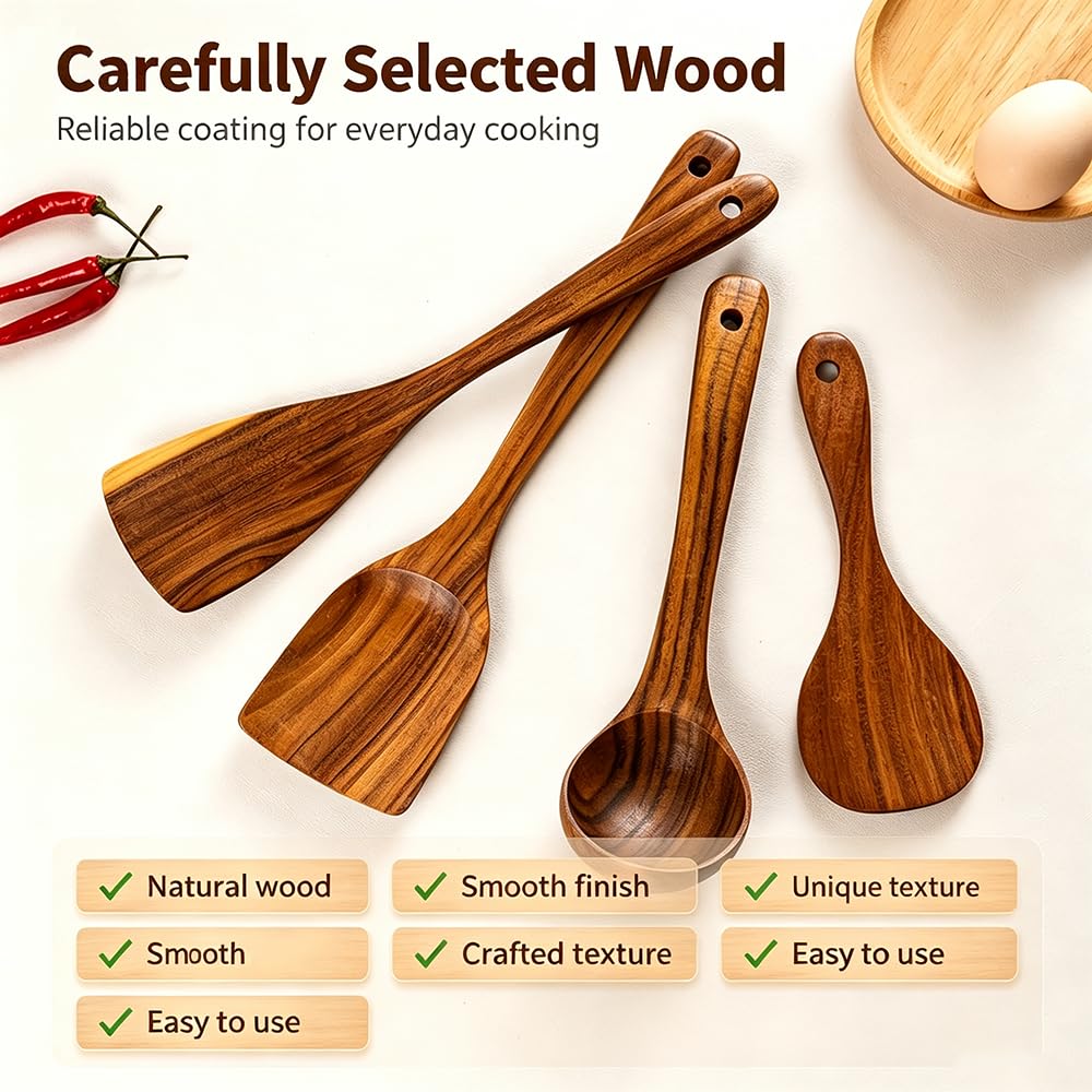 Kochlöffel-Set Aus Holz, Kleines Küchenhelfer-Set Aus Holz, Langer Holzspatel, Ungiftige Holzlöffel, Spülmaschinenfester Holzspatel Aus Teakholz, Langer Griff Aus Teakholz