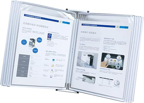 Wall Mounted File Holder, Wall Mount Reference and Display System, Wall-Mounted Page Flip Folder, 10 Double-Sided Panels, A4 Loose-Leaf Transparent Page Display Stand PVC + MetalWhite