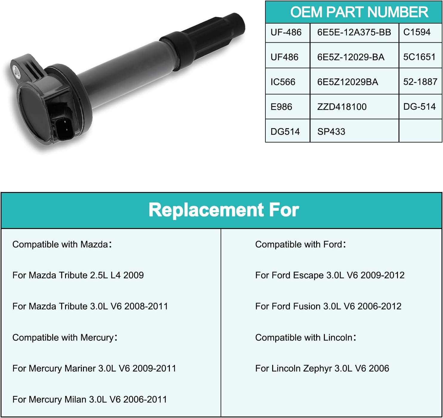 6PCS UF486 Ignition Coil Pack (3.0L V6 Only) For Ford Escape 2009-2012,Fusion 2006-2012,Lincoln Zephyr 2006,Mazda Tribute 2008-2011,Mercury Mariner 2009-2011,Milan 2006-2011 IGC0158 5C1651