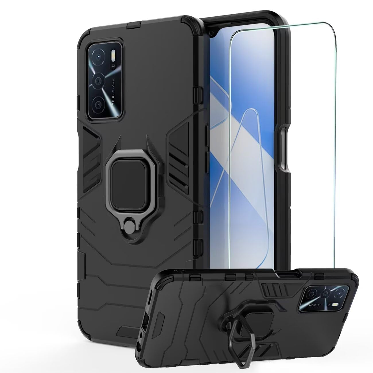 DERHAN Case for OPPO A54S / A16 / A16S 4G, Cover with Tempered Glass,Shockproof Armour Phone Case with 360° Rotating Stand - Black