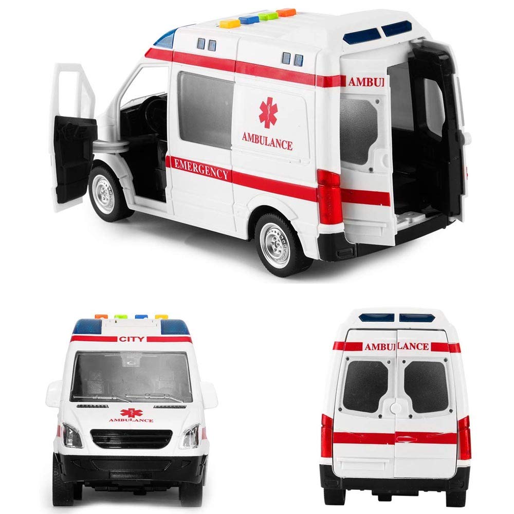 BAKAJI Ambulancia - Juguete para niños con Movimiento de Embrague, Sirena Que Funciona con Luces y Sonidos para Puertas Laterales y traseras Que se abren y se abren, camión Cuidado en Cada Detalle