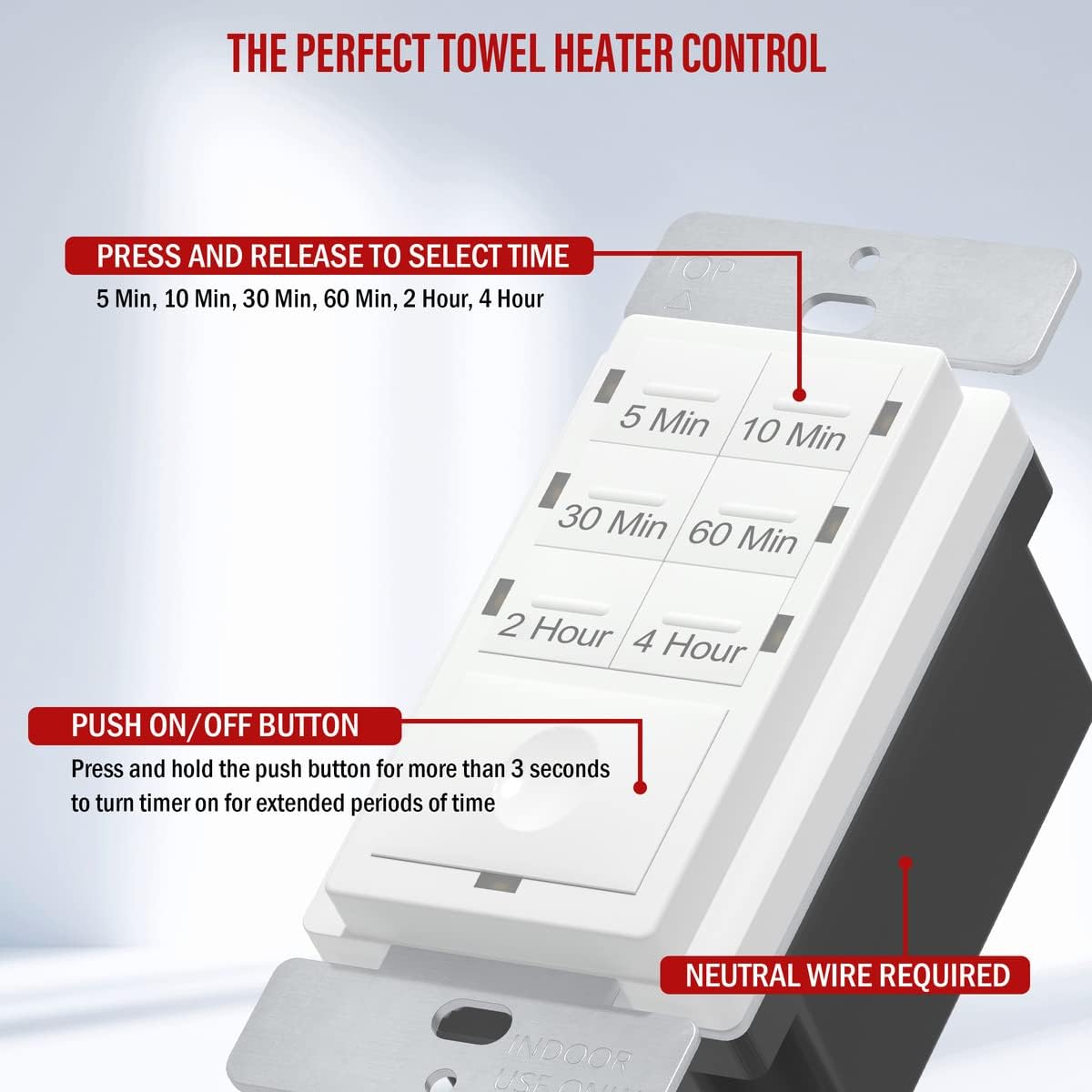 ENERLITES Countdown Timer Switch for Bathroom Exhaust Fan, Wall Light Switch Timer, 5 min – 4 hours, Night Light LED Indicator, Neutral Wire Required, UL Listed, HET06-4H-W, White - Image 2