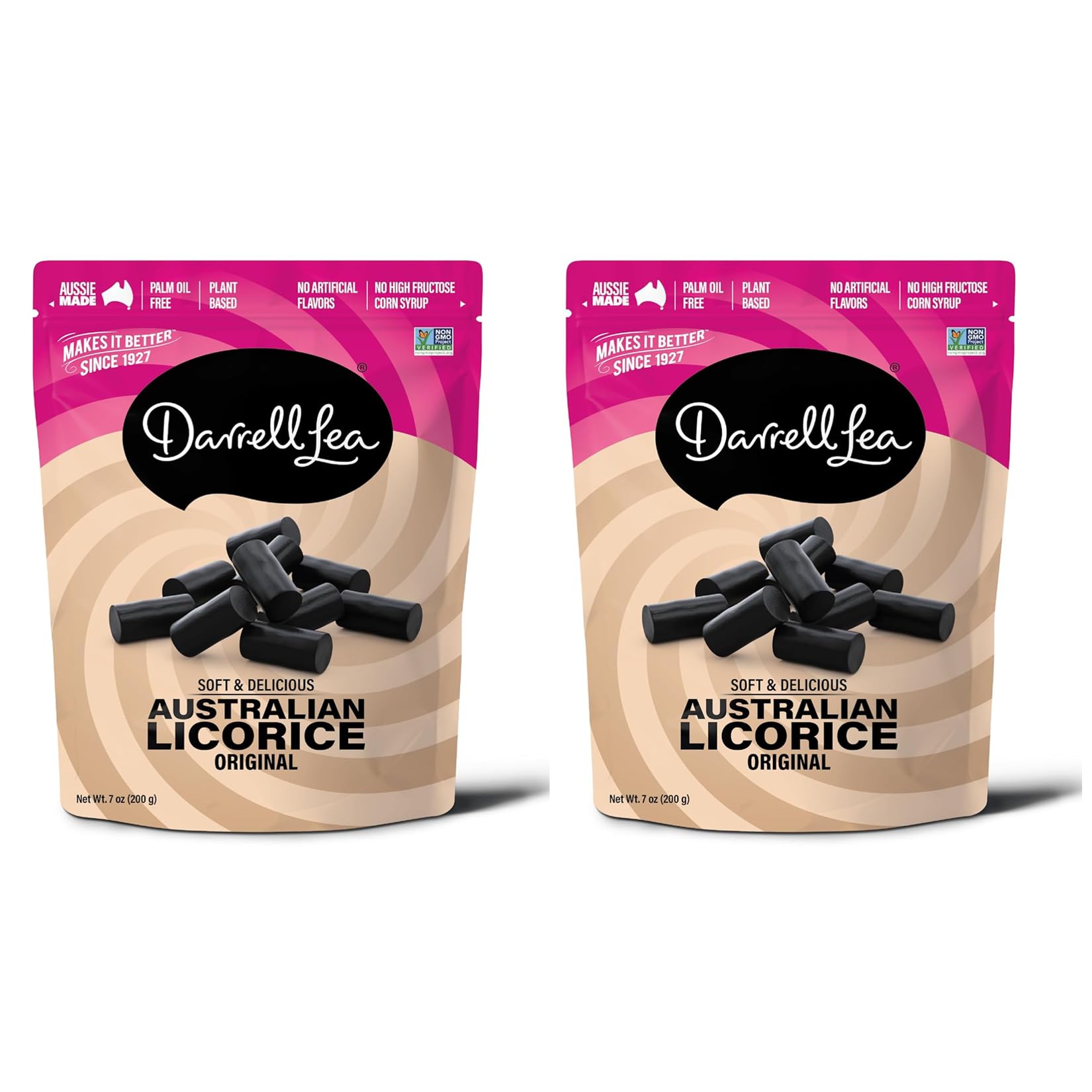 Darrell Lea Soft Australian Licorice, Original Black Flavor, 7 Ounce Bag (2-Pack) | Non-GMO, No Palm Oil, Plant Based, No High Fructose Corn Syrup | Soft & Chewy Licorice Candy, Made in Australia