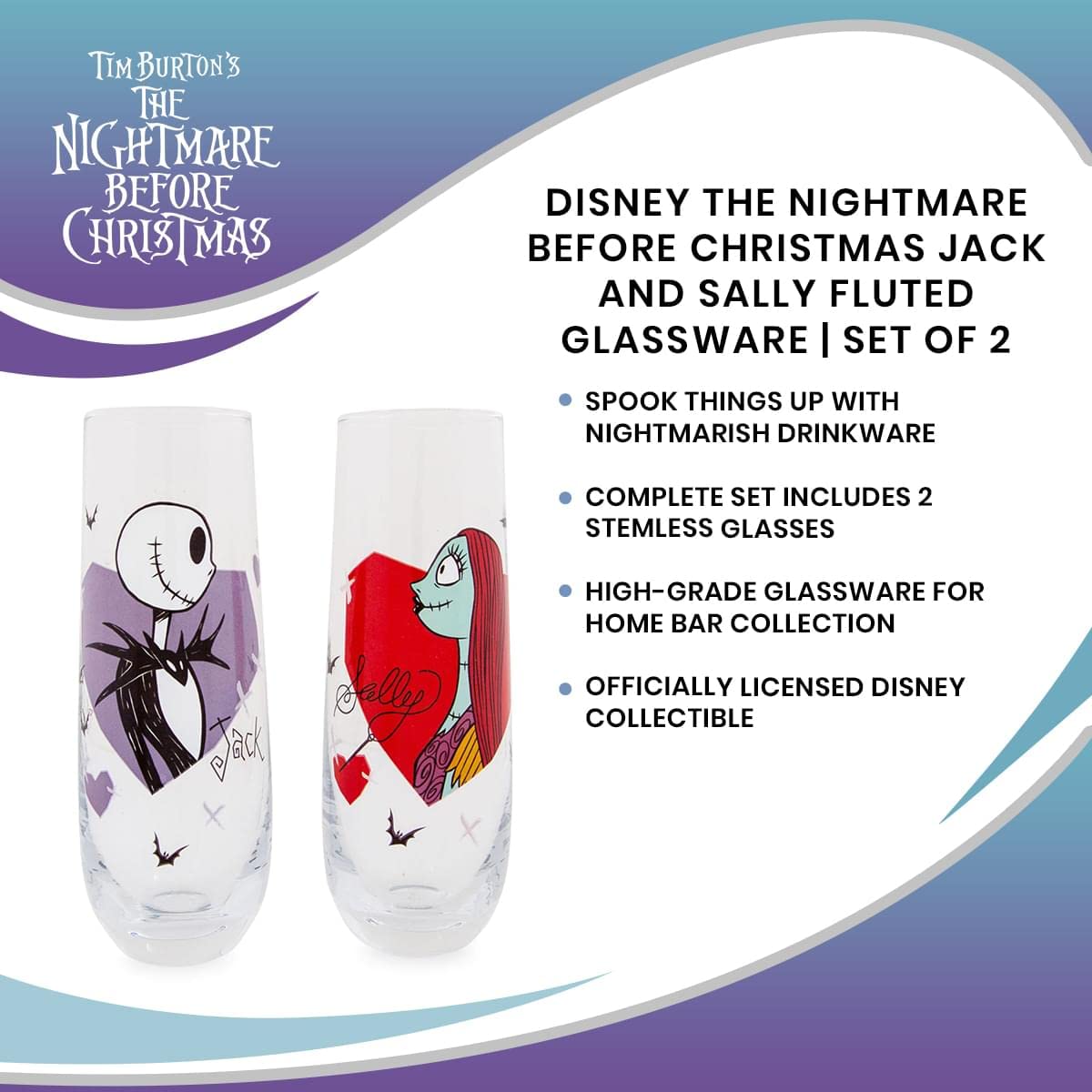 Disney Lot de 2 verres cannelés Jack et Sally L'Étrange Noël de Monsieur Jack et Sally