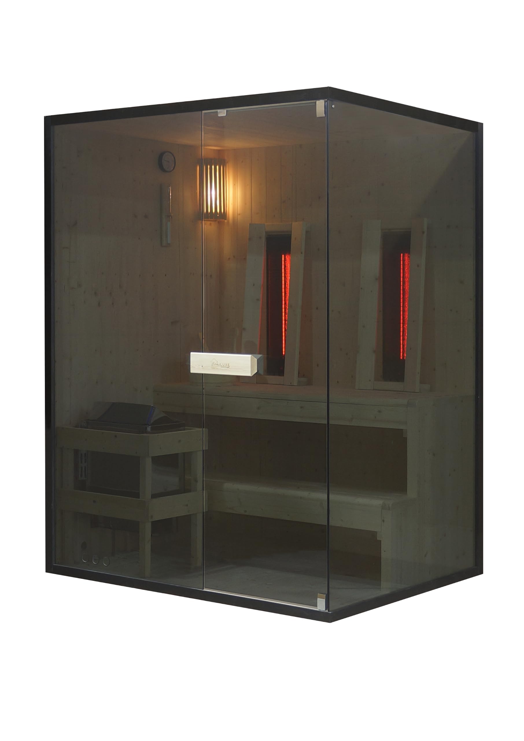 SANOTECHNIK Sauna & Infrarotkabine GLACIER L für 2–3 Personen, Infrarot-Sauna-Kombination aus Fichtenholz mit 4,5 kW Sauna-Elektroofen, 2x 400 W Rotlichtstrahler, Sicherheitsglas, 150 x 120 x 200 cm