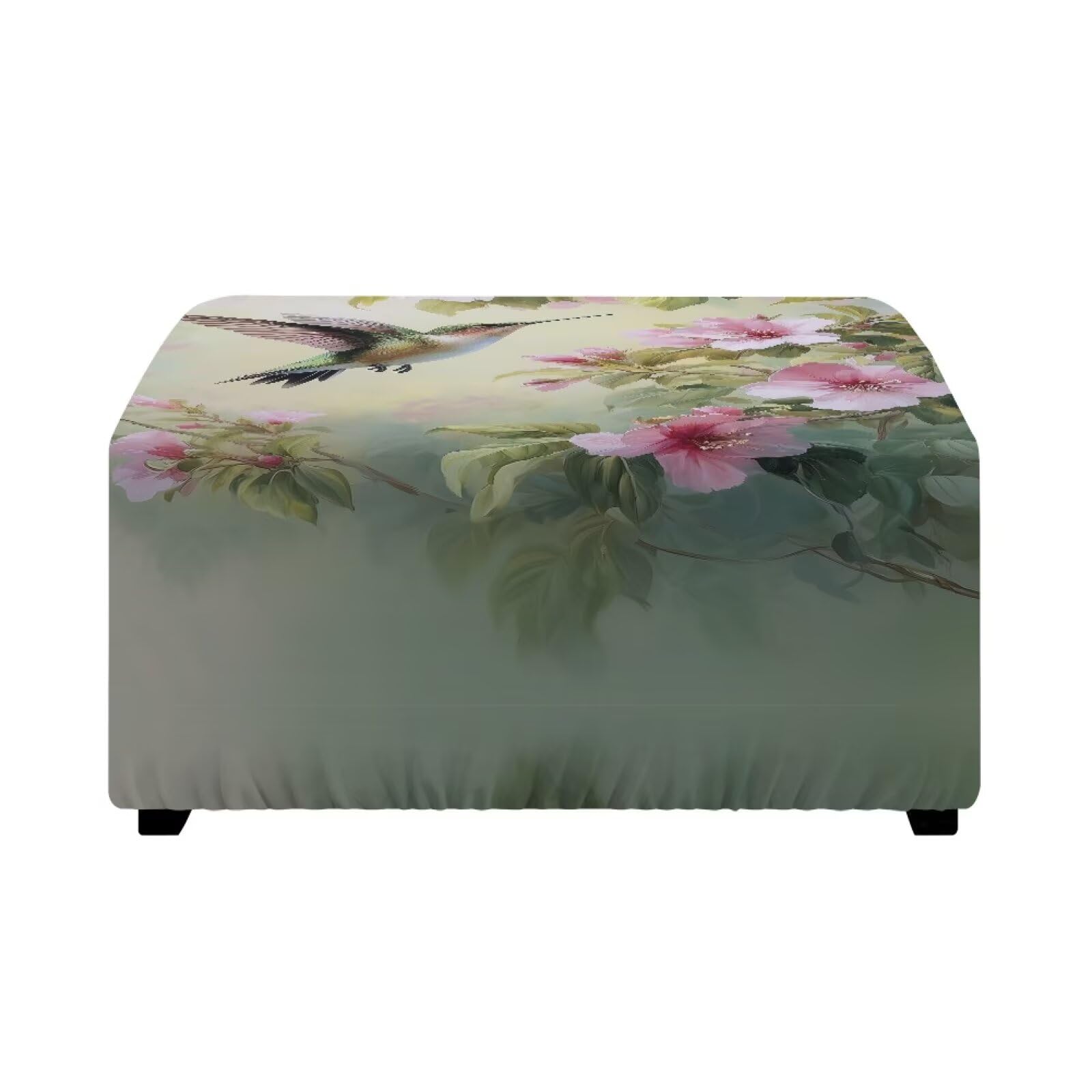 Xoenoiee Stretch Square Ottoman Cover Folding Storage Stool Cover Furniture Protector Soft Rectangle Ottoman Slipcover with Elastic Bottom, Hummingbird Pink Hibiscus, Small