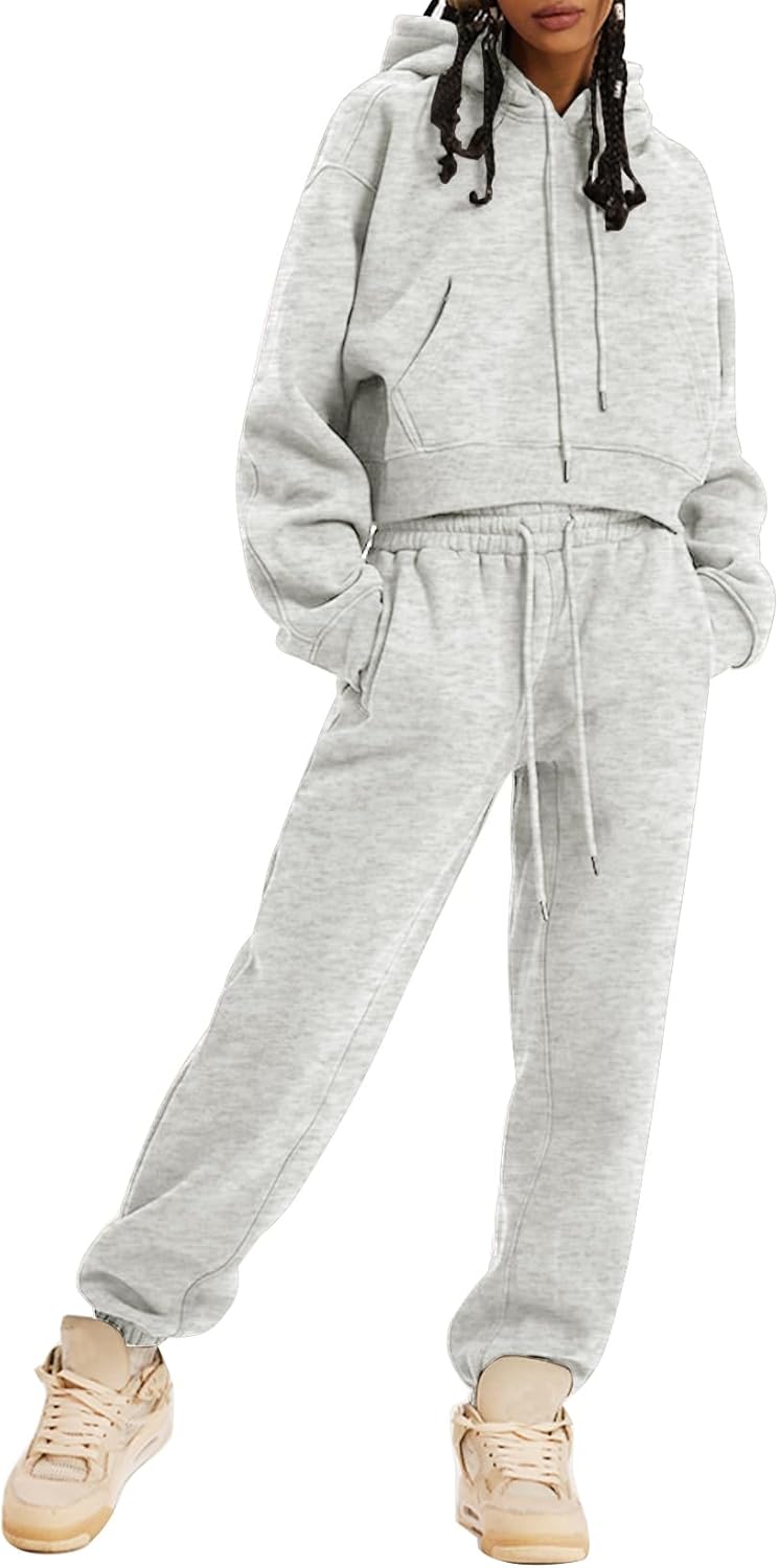 COZYPOIN Womens Fleece 2 Piece Outfits Sweatsuit Crop Top and Pants Hoodie Tracksuit Set - Image 2